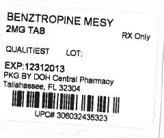 This is an image of the label for Benztropine Mesylate Tablets, USP 0.5 mg 100count.