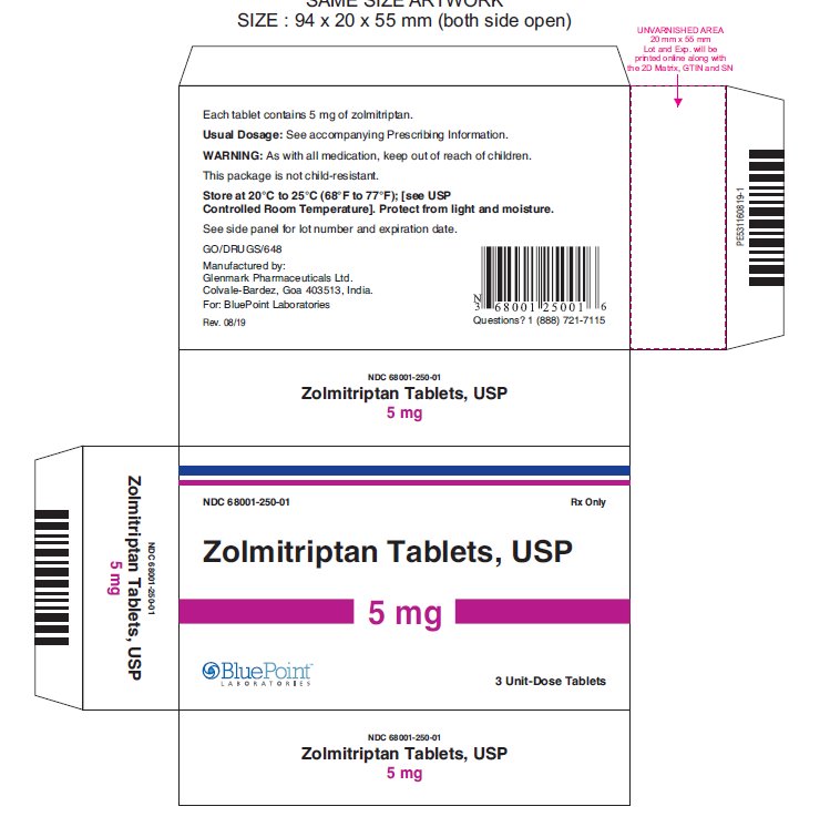 Zolmitriptan Tablets 5mg NDC 68001-250-01, 3 Unit Dose Tablets