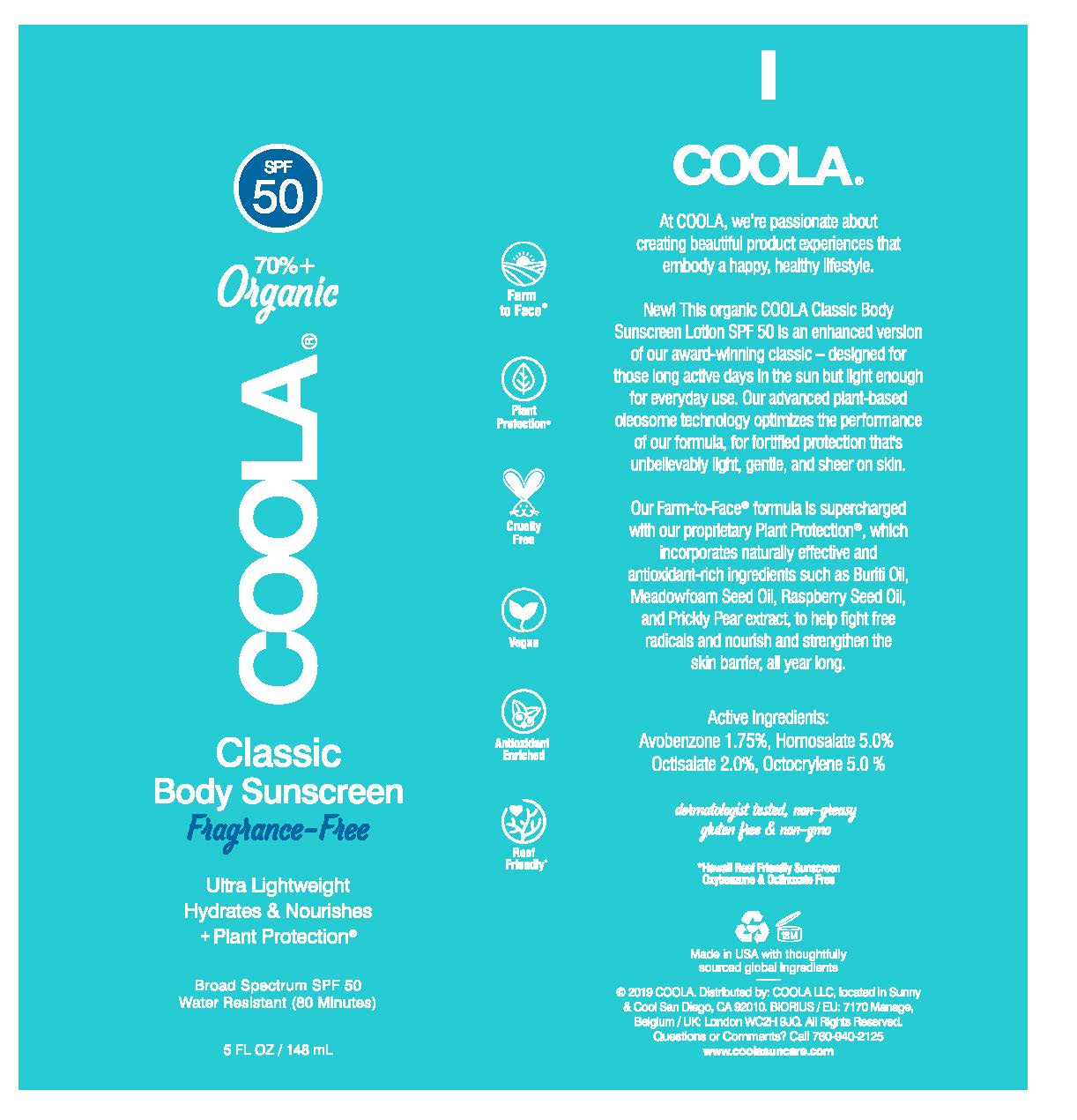 COOLA Classic Body Sunscreen Fragrance-Free SPF 50 Tube