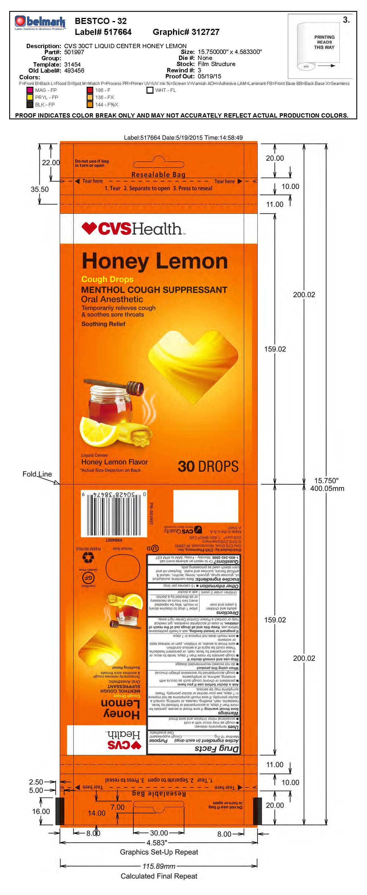 CVS Honey Lemon Liquid Center Cough Drops 30ct