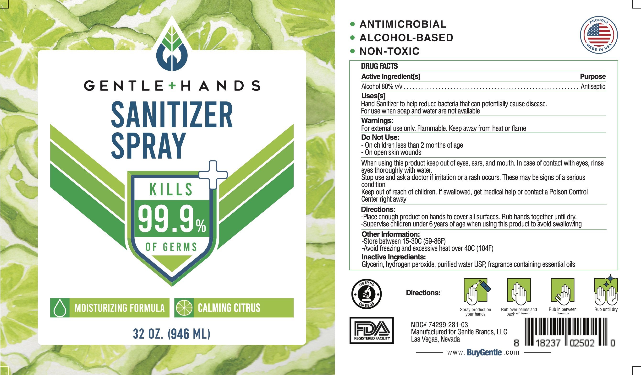 Gentle Hands Sanitizer Spray Calming Citrus 32 oz 946.35 mL