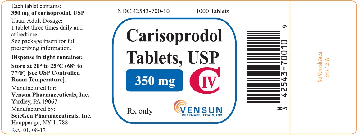 This is a picture of the label Carisoprodol tablets, USP, 350 mg, 1000s count.