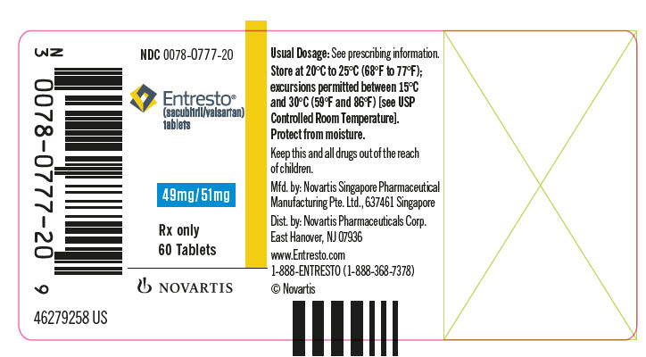 PRINCIPAL DISPLAY PANEL
								NDC 0078-0777-20
								Entresto®
								(sacubitril/valsartan) tablets
								49 mg / 51 mg
								Rx only
								60 Tablets
								NOVARTIS