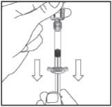 Step 3:
With Syringe still connected to Vial, turn Vial upside down and withdraw entire contents of Vial back into Syringe. Remove Syringe from Vial and hold it with plunger-end down.