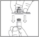 Step 1:
Remove plastic flip-top cap from Iprivask Vial. Remove back cover of Vial Adapter package. Attach Vial Adapter to Vial by using the outer package to handle Adapter. Push Adapter down onto Vial
