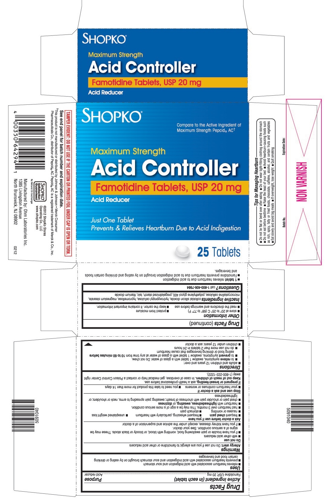 This is the 25 count bottle carton label for Shopko Famotidine tablets, USP 20 mg.