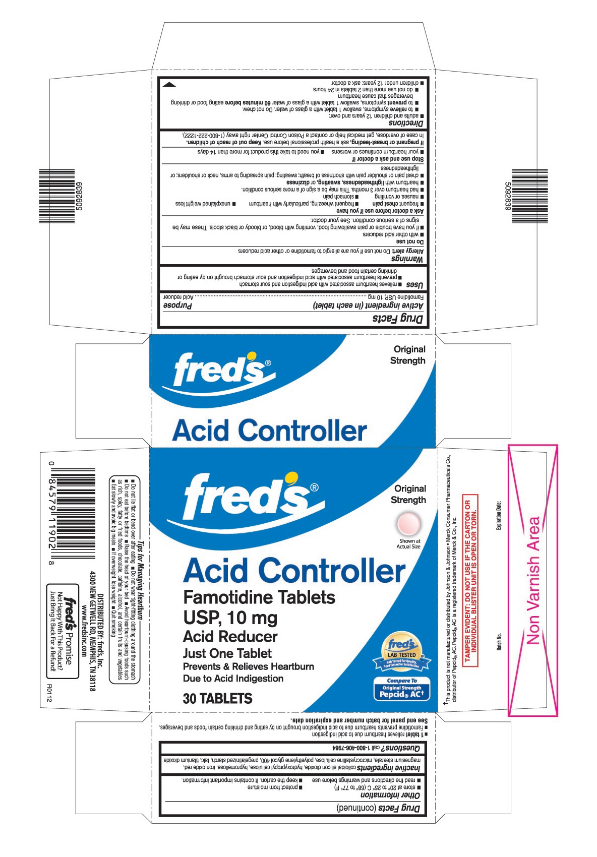 This is the 30 count blister carton label for Fred's Famotidine tablets USP, 10 mg.