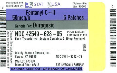NDC 42549-628-05 
Fentanyl Patch 
50 mcg #5
patch(s)
CII
Rx Only