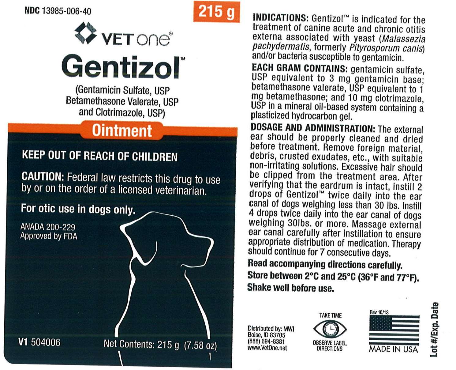Gentizol Ointment 215g Bottle