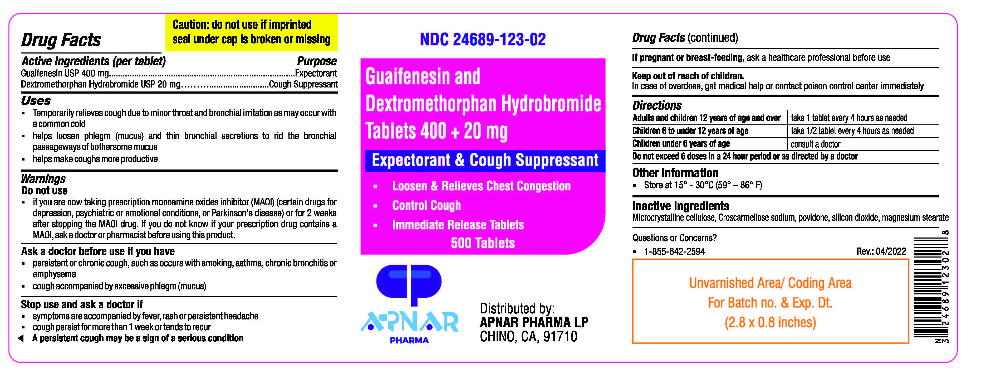 Guaifenesin and Hbr tablets 400+20mg- 500s tablets