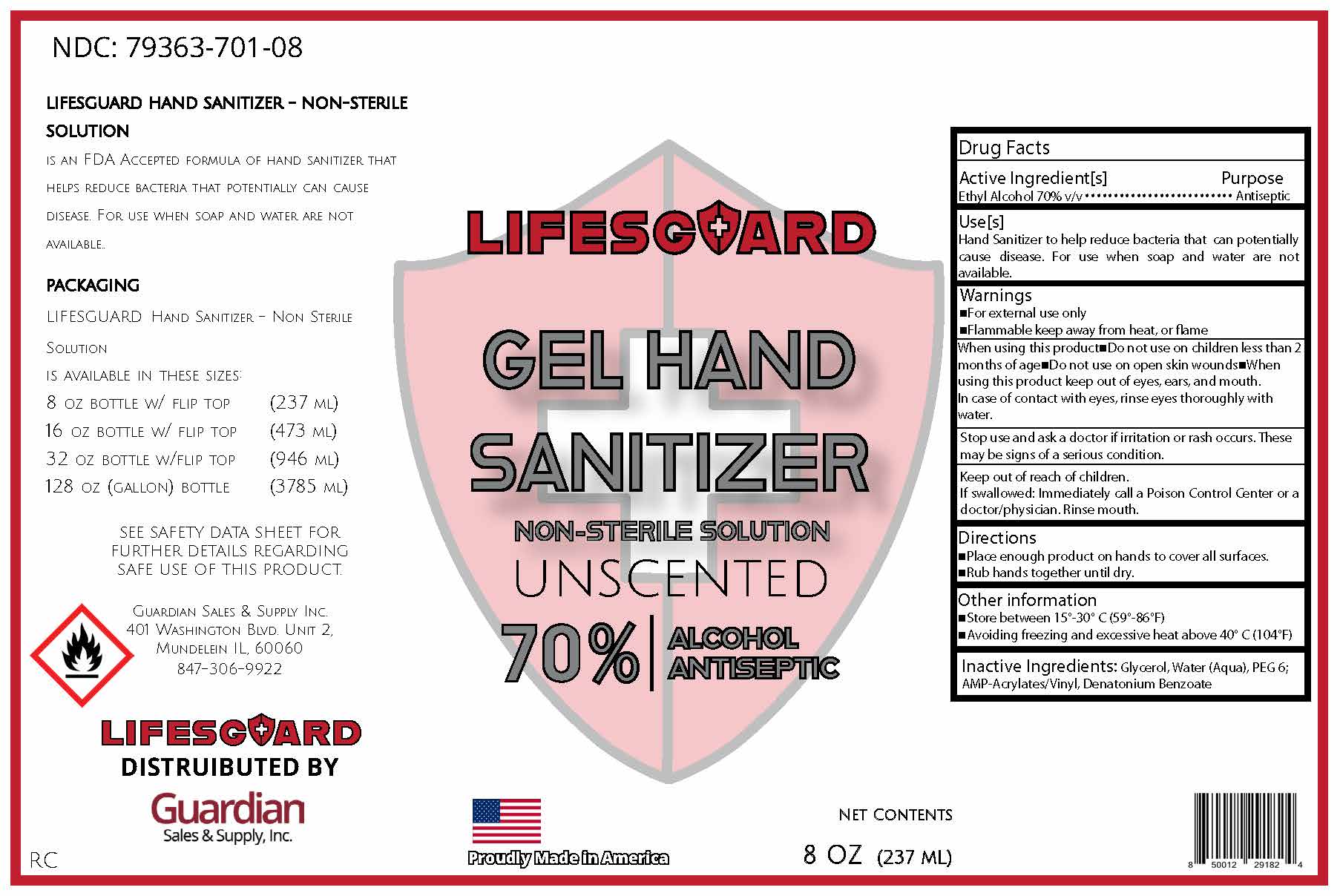 LifesGuard 70% UnScented Gel 8 oz
