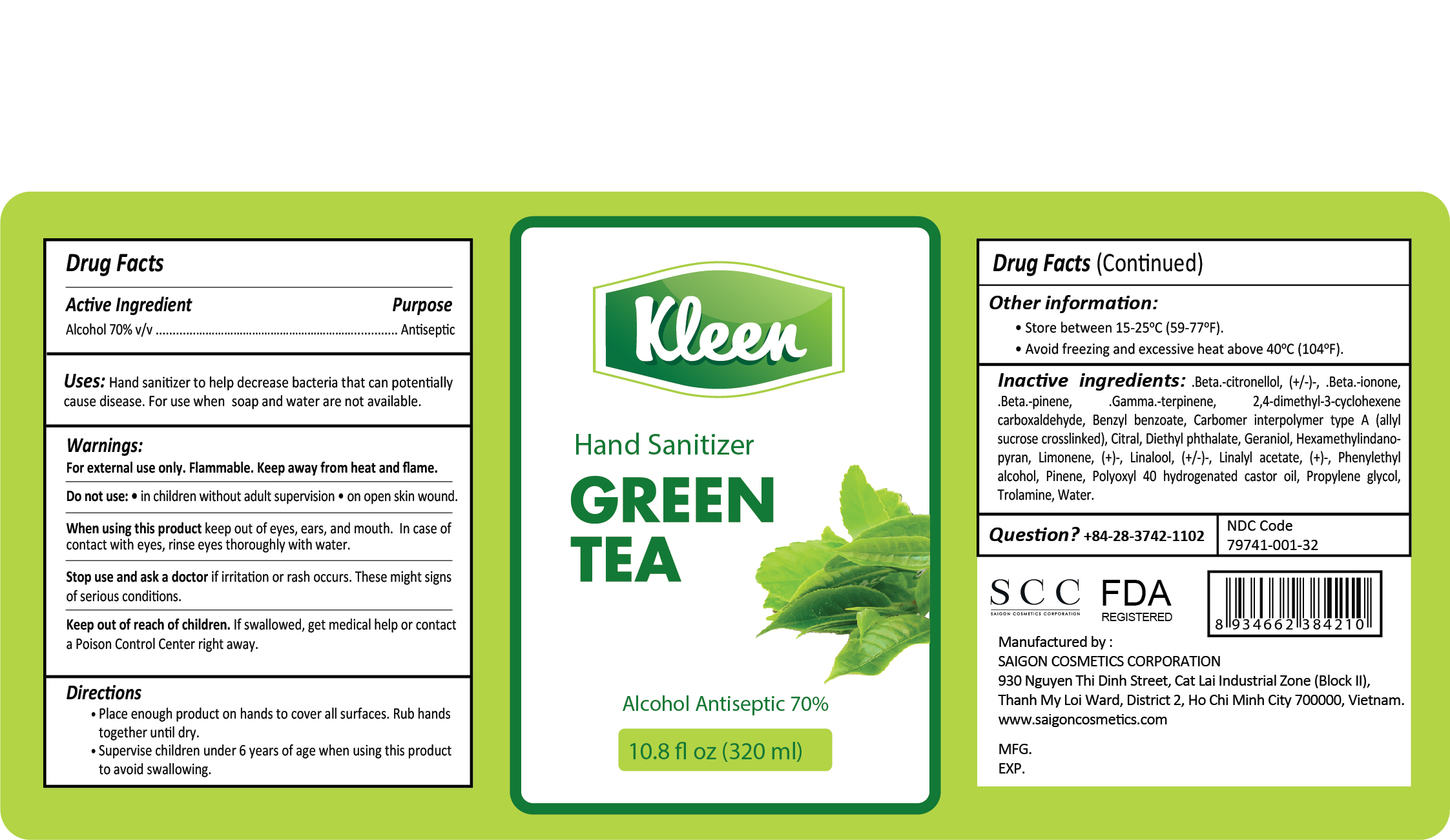 Kleen Hand Sanitizer Green Tea 320ml Label