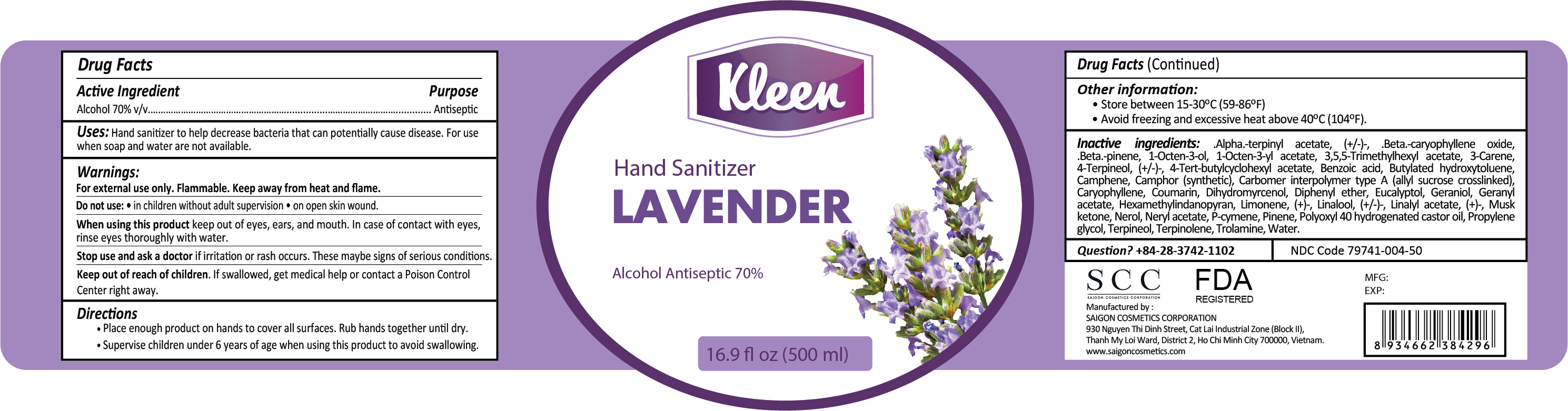 Kleen Hand Sanitizer Lavender 500ml Label