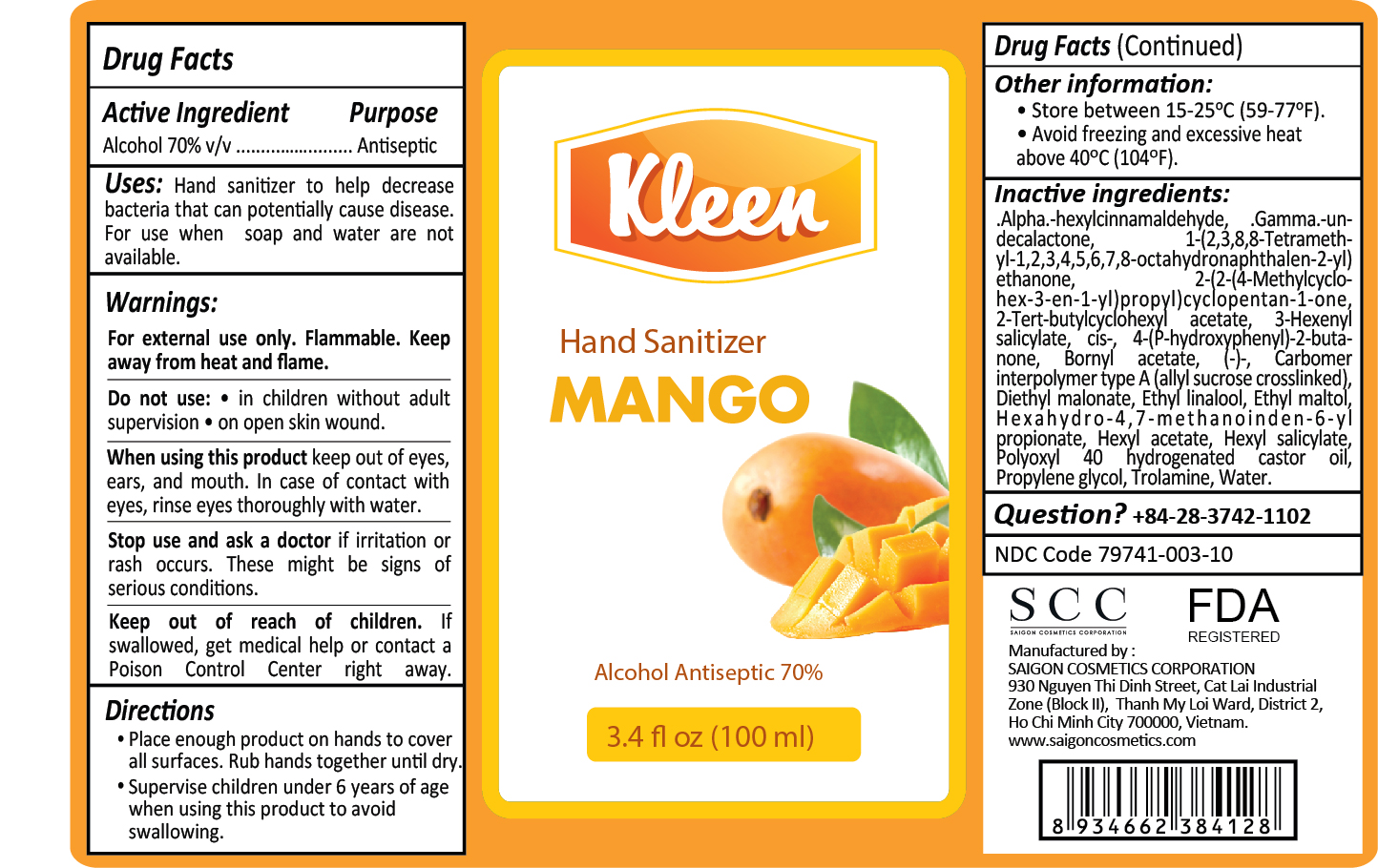 Kleen Hand Sanitizer Mango Label 100mL