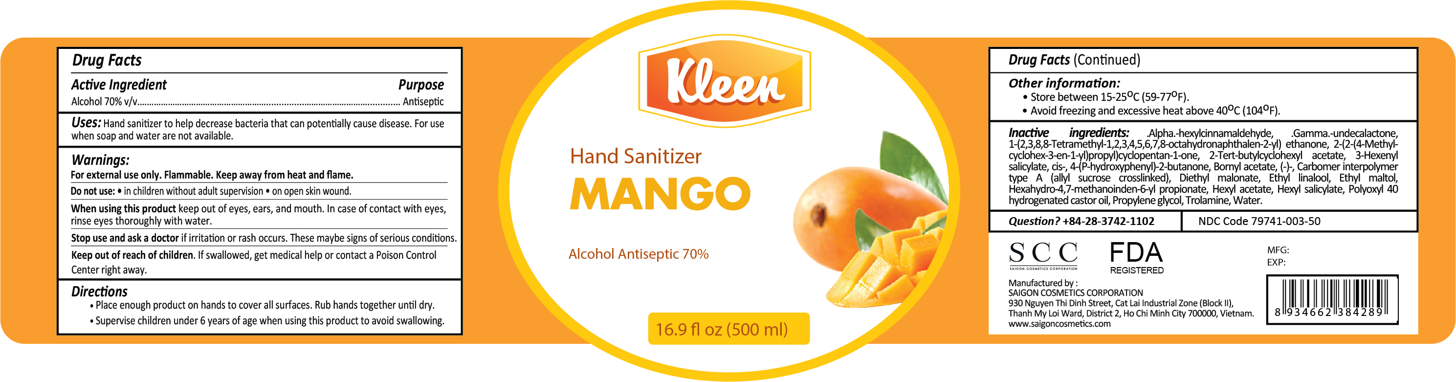 Kleen Hand Sanitizer Mango 500ml Label