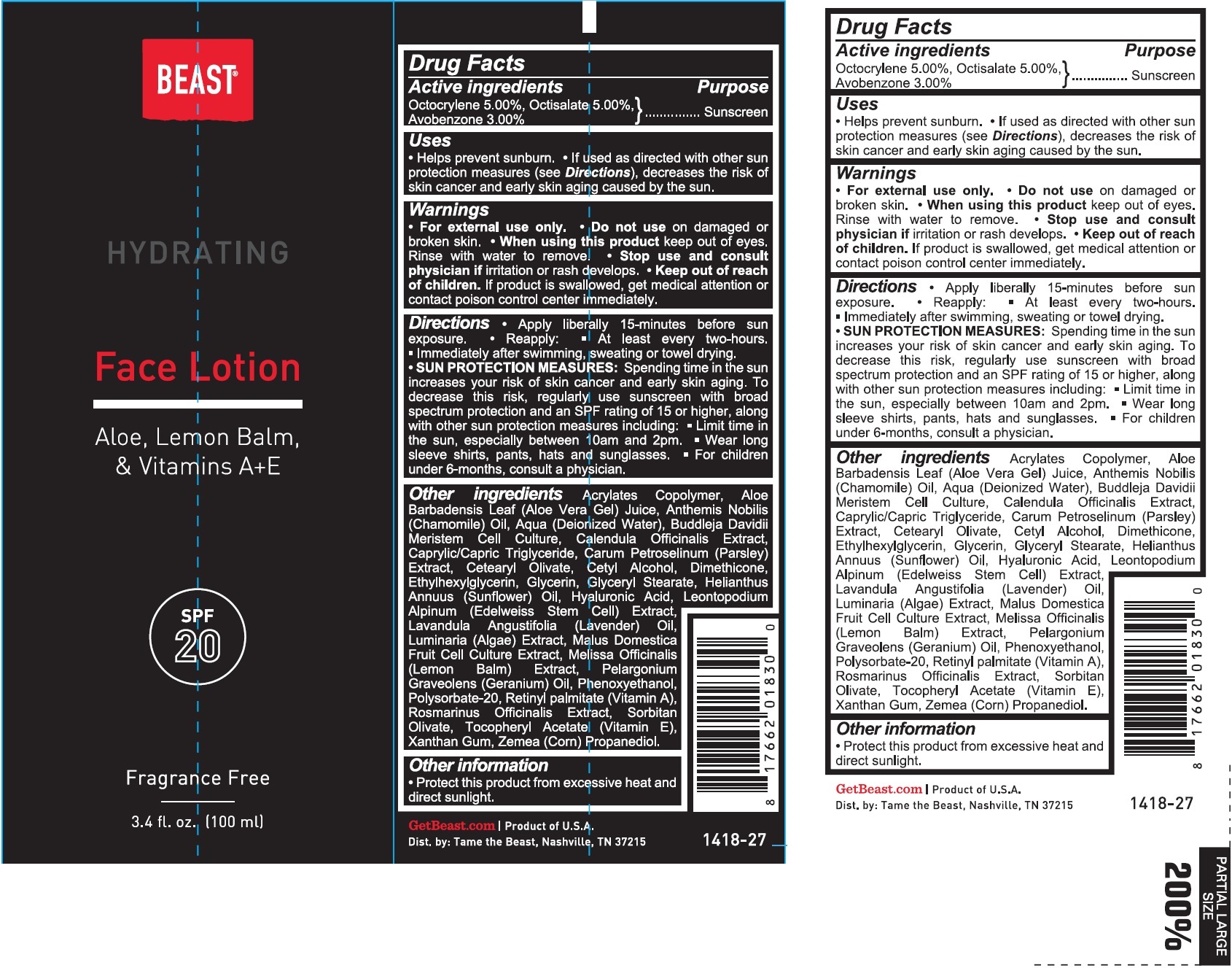 Beast Hydrating Face Spf-20 | Octocrylene, Octisalate, Avobenzone Lotion Breastfeeding