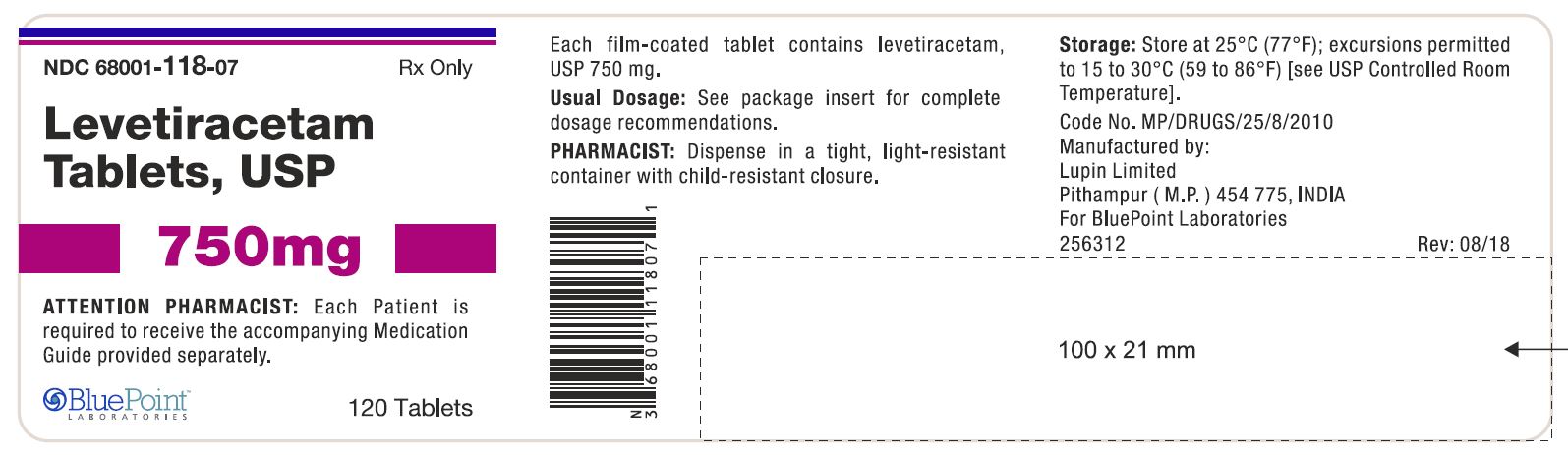 Levetiracetam Tablets, USP 750mg 120 CT Label - Rev 08-18.JPG