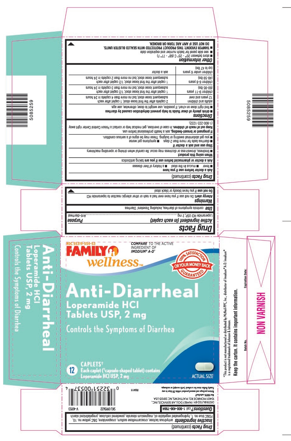 This is the 12 count blister carton label for Family Dollar Loperamide HCl tablets USP, 2 mg.