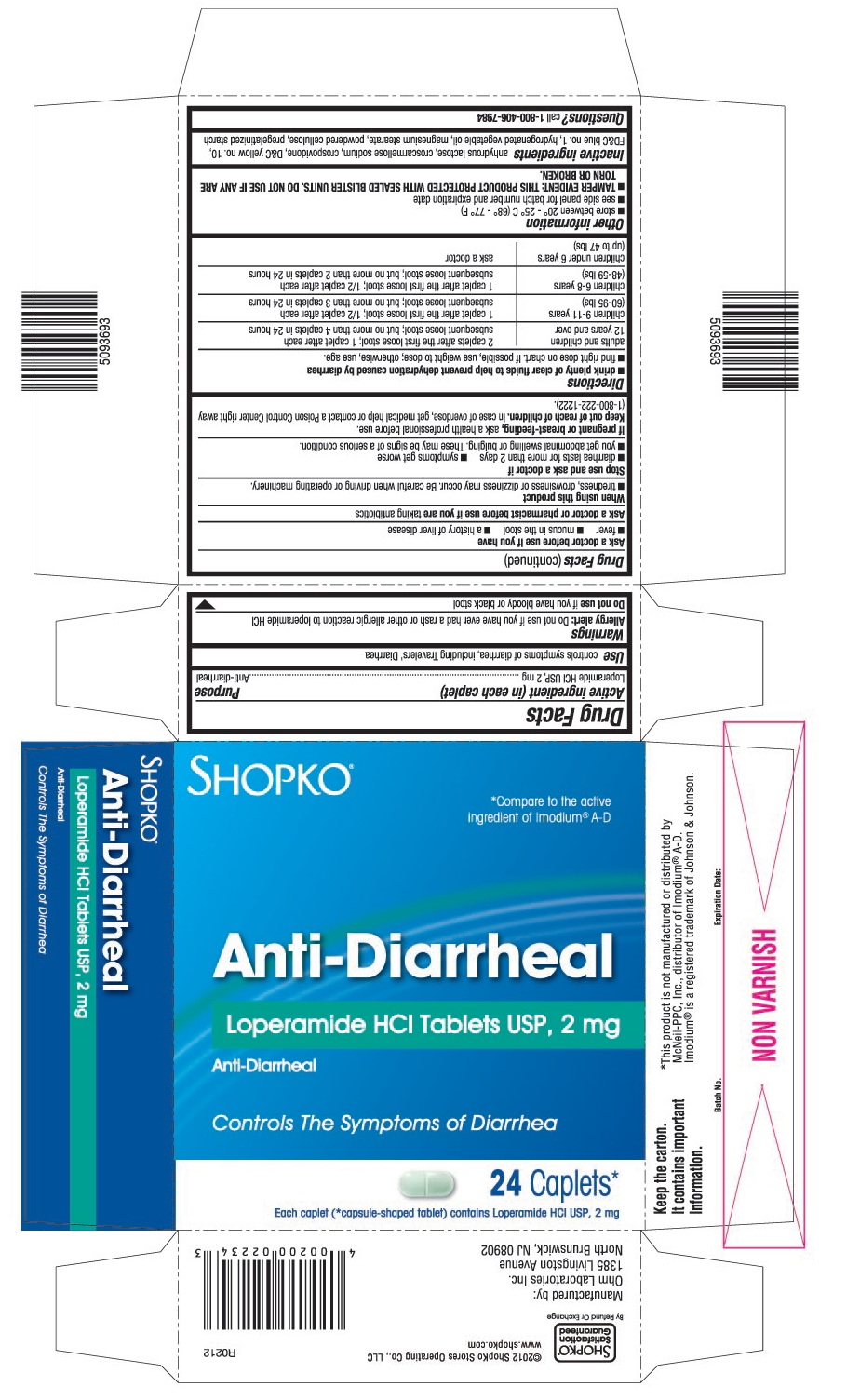 This is the 24 count blister carton label for Shopko Loperamide HCl tablets USP, 2 mg.