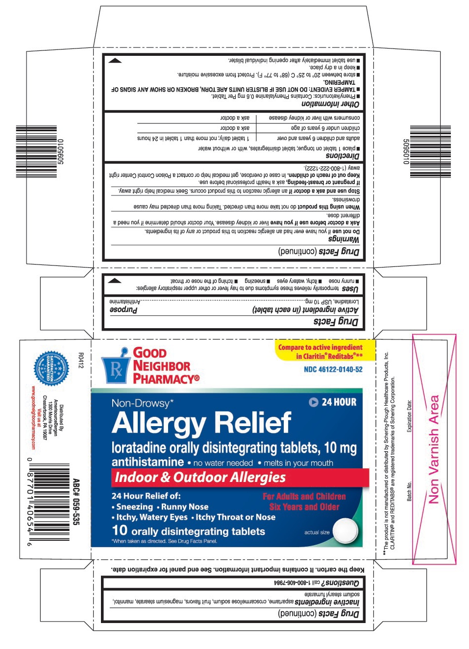 This is the 10 count blister carton label for Good Neighbor Pharmacy Loratadine ODT, 10 mg (Claritin like - for kids).