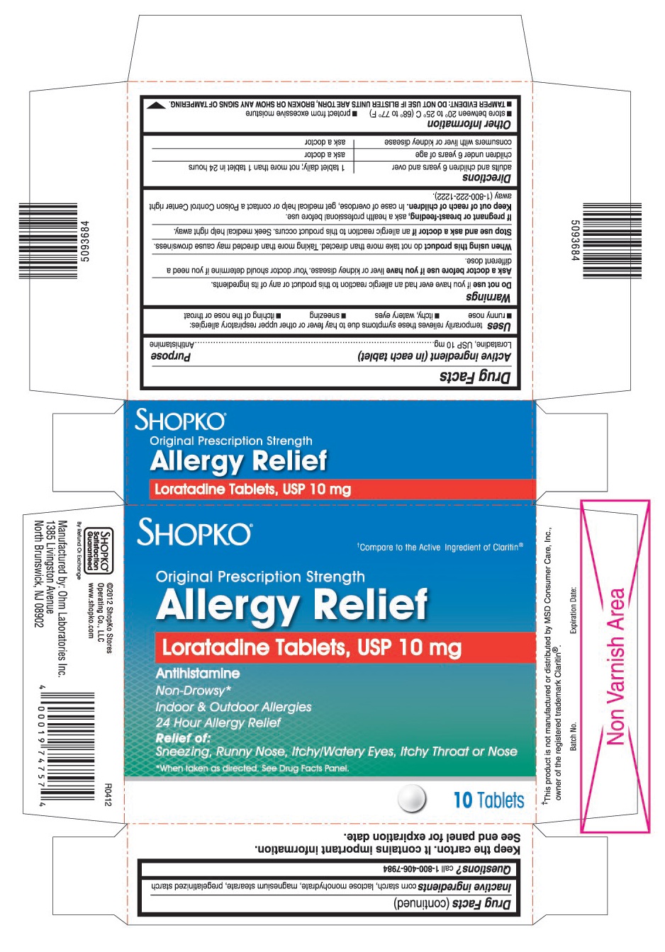 This is the 10 count blister carton label for Shopko Loratadine tablets, USP 10 mg
