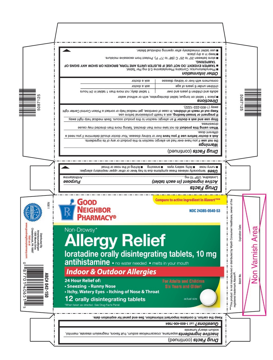 This is the blister carton label for 12 count Loratadine ODT for Good Neighbor Pharmacy.