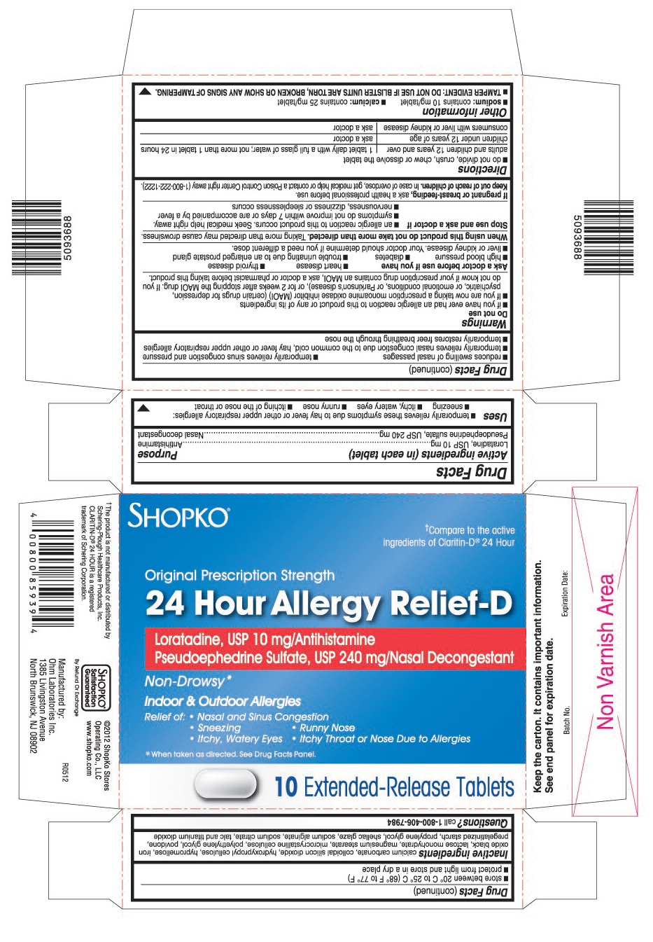 This is the 10 count blister carton label for Shopko Loratadine D extended-release tablets.