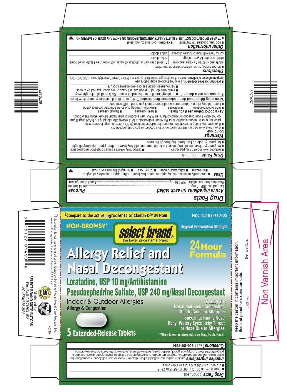 This is the 5 count blister carton label for Select Brand Loratadine D tablets.