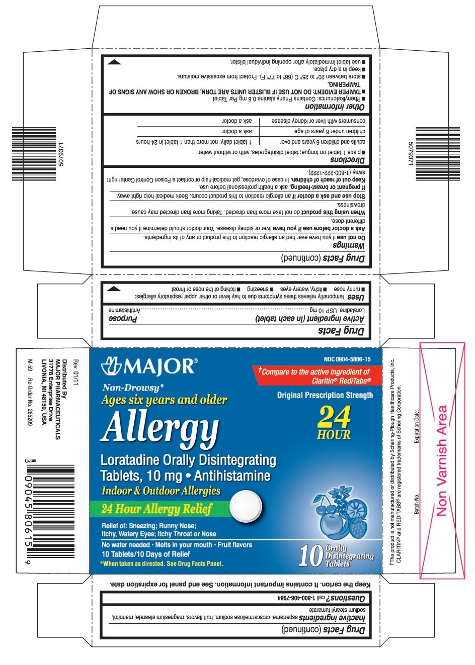 This is the 10 count blister carton label for Major Loratadine orally disintegrating tablets, 10 mg.