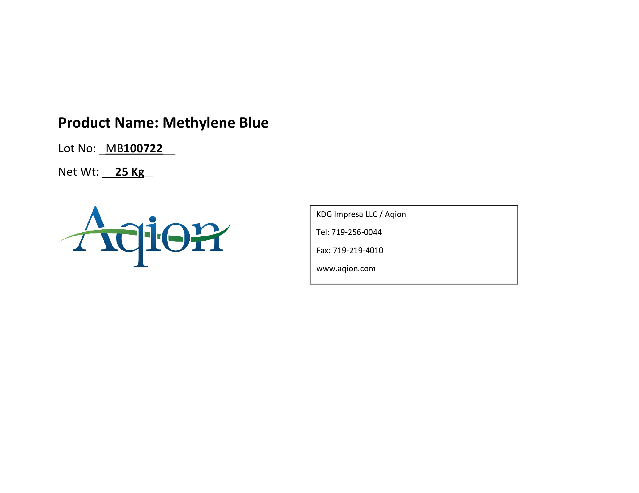 Methylene Blue Bulk Label