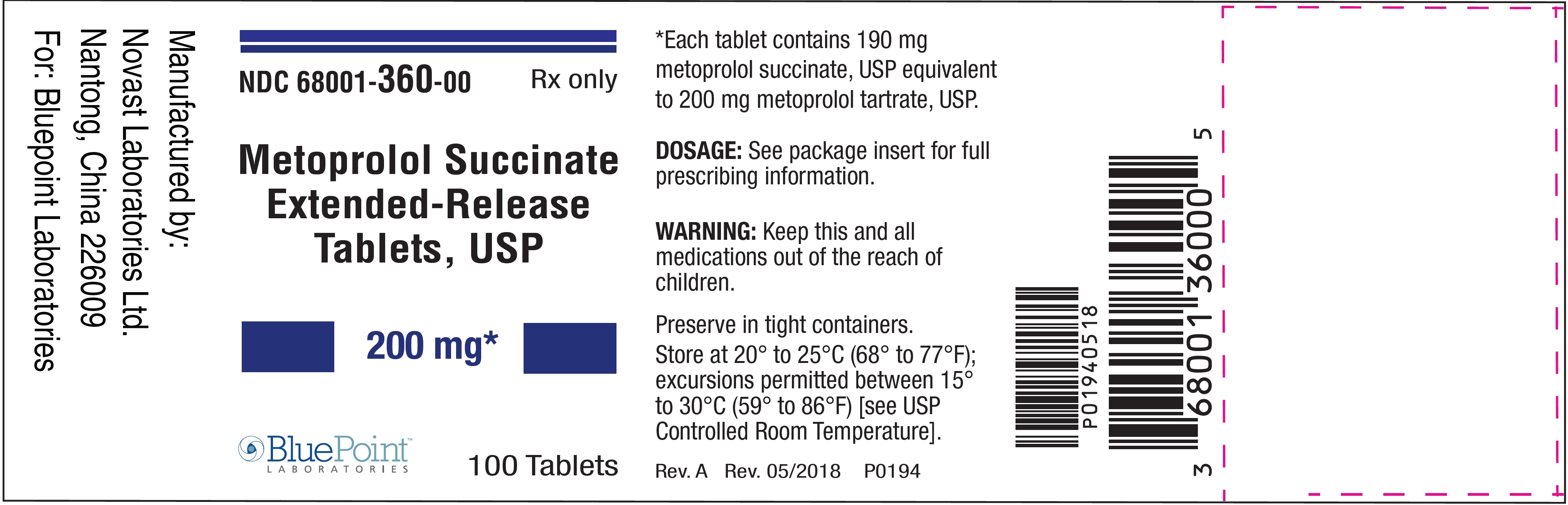 Metoprolol ER Tabs USP Label 200mg 100s Rev 052018
