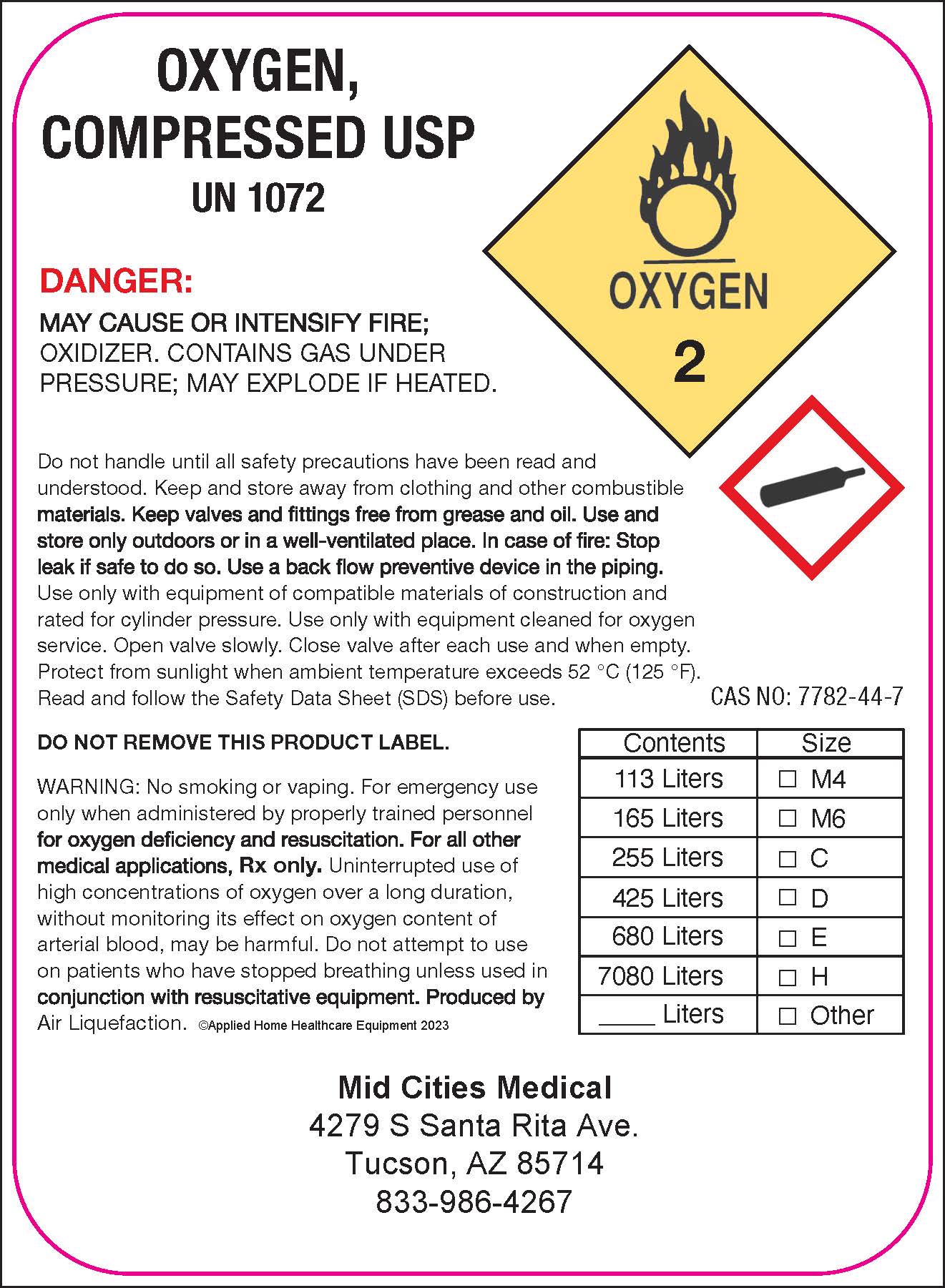 Mid Cities HP Oxygen Label