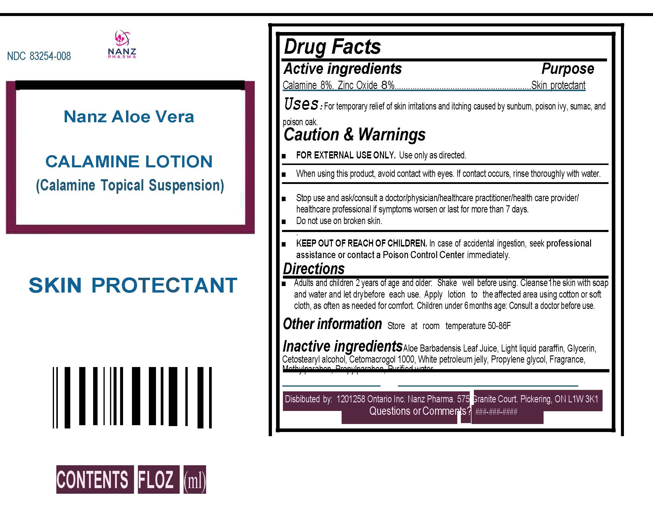 Nanz  Aloe Vera Calamine Lotion Label 