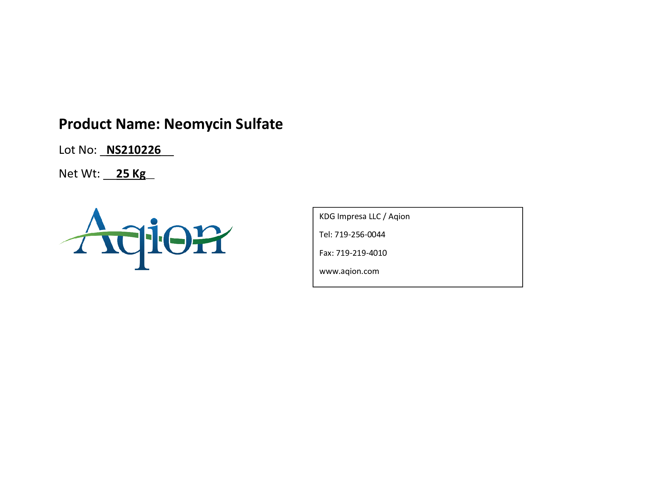 Neomycin Sulfate Bulk Label