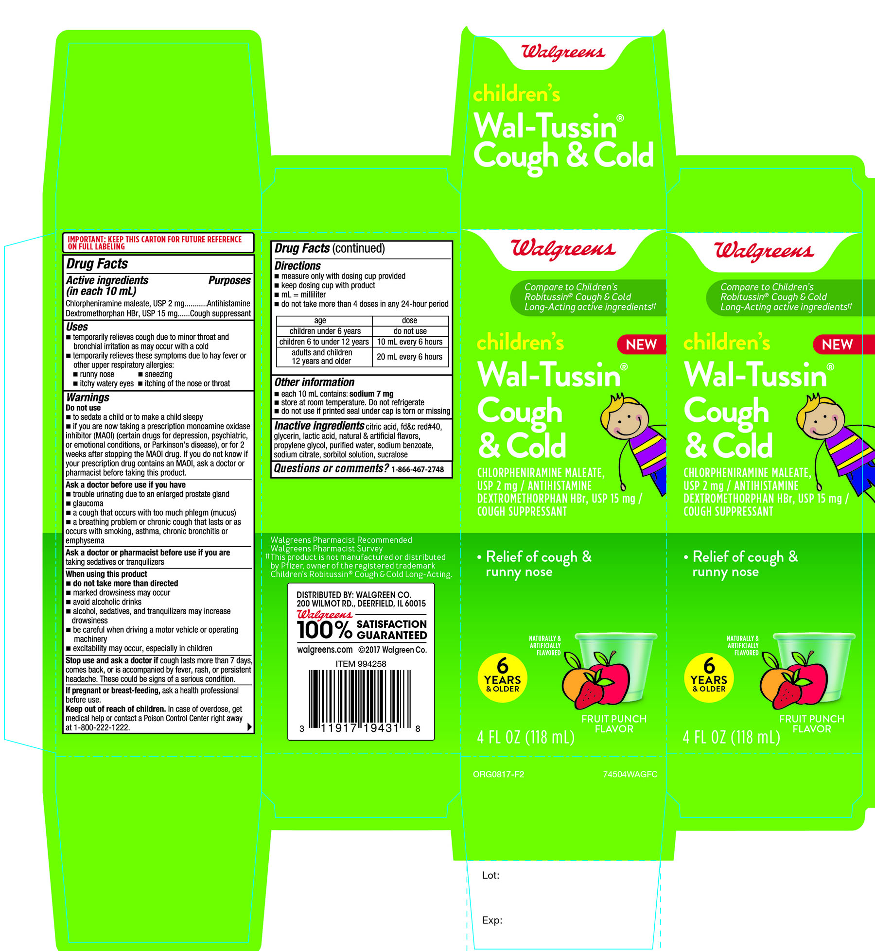 childrens Wal- Tussin Cough & Cold  4 FL  OZ  Fruit Punch Flavor