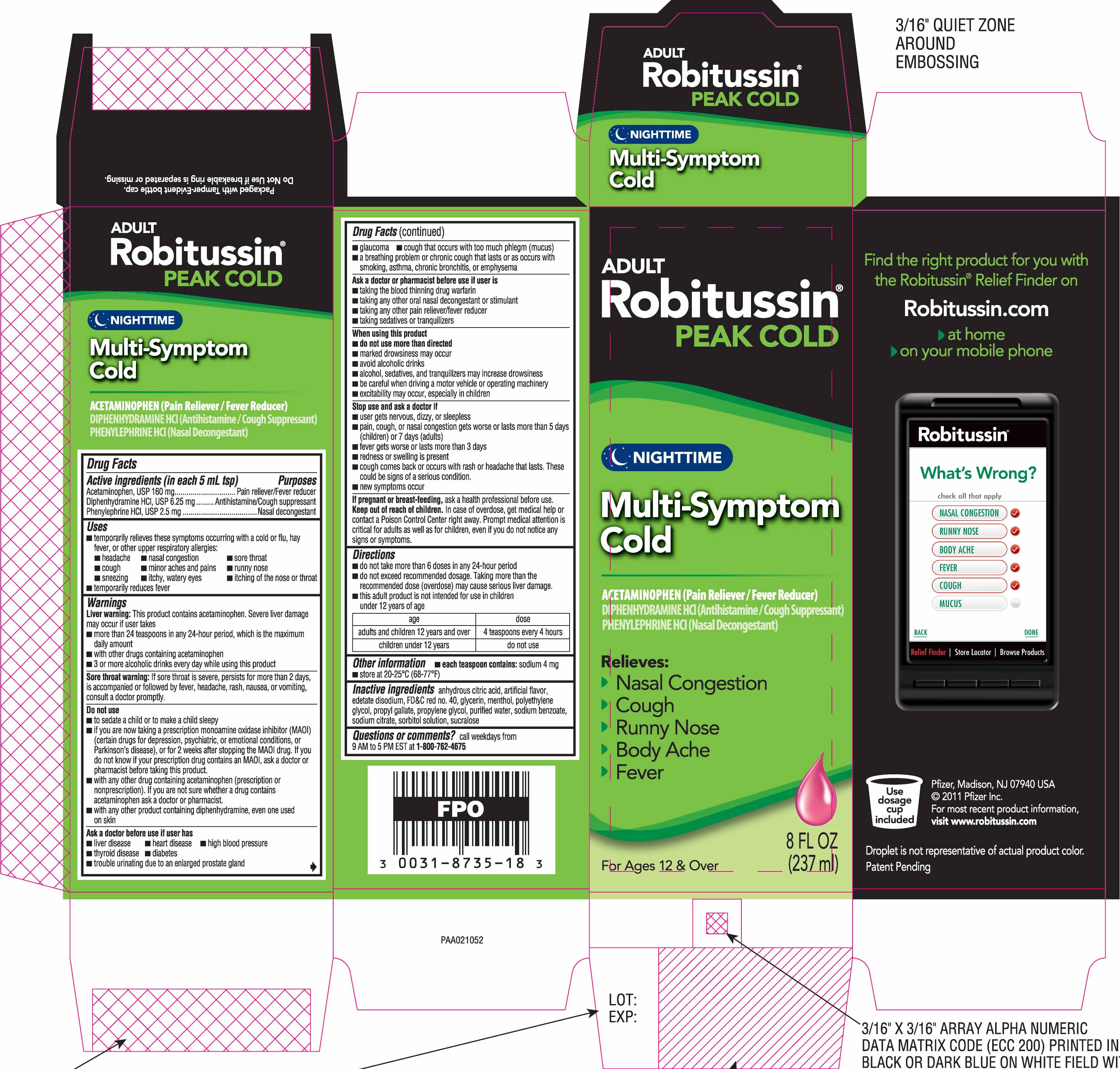 Robitussin Peak Cold Nighttime Multi-Symptom Cold Packaging