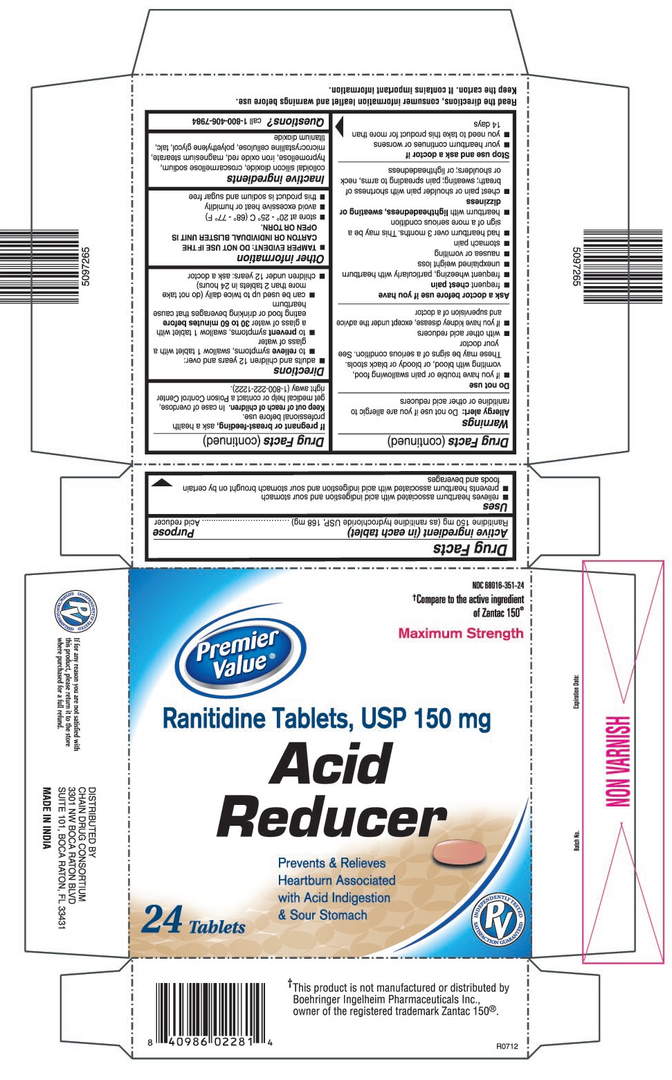 This is the Premier Value 24 count blister carton label for Ranitidine Tablets, USP 150 mg.