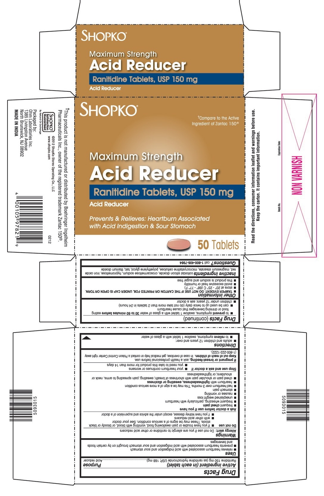 This is the 50 count bottle carton label for Shopko Ranitidine tablets, USP 150 mg.