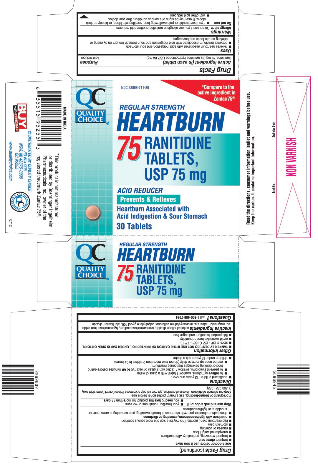 This is the 30 count bottle carton label for Quality Choice Ranitidine tablets USP, 75 mg.