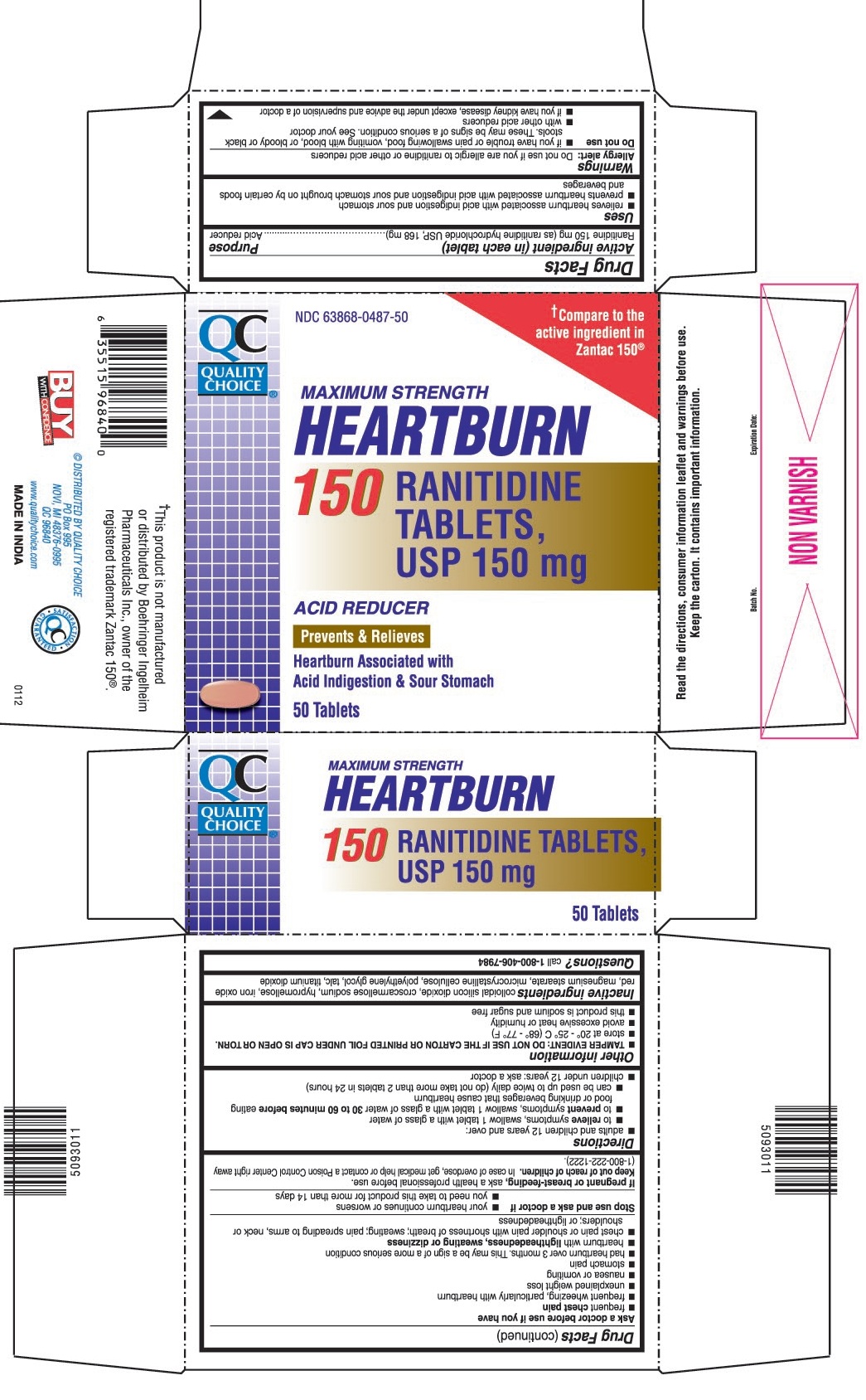 This is the 50 count bottle carton label for Quality Choice Ranitidine tablets, USP 150 mg.