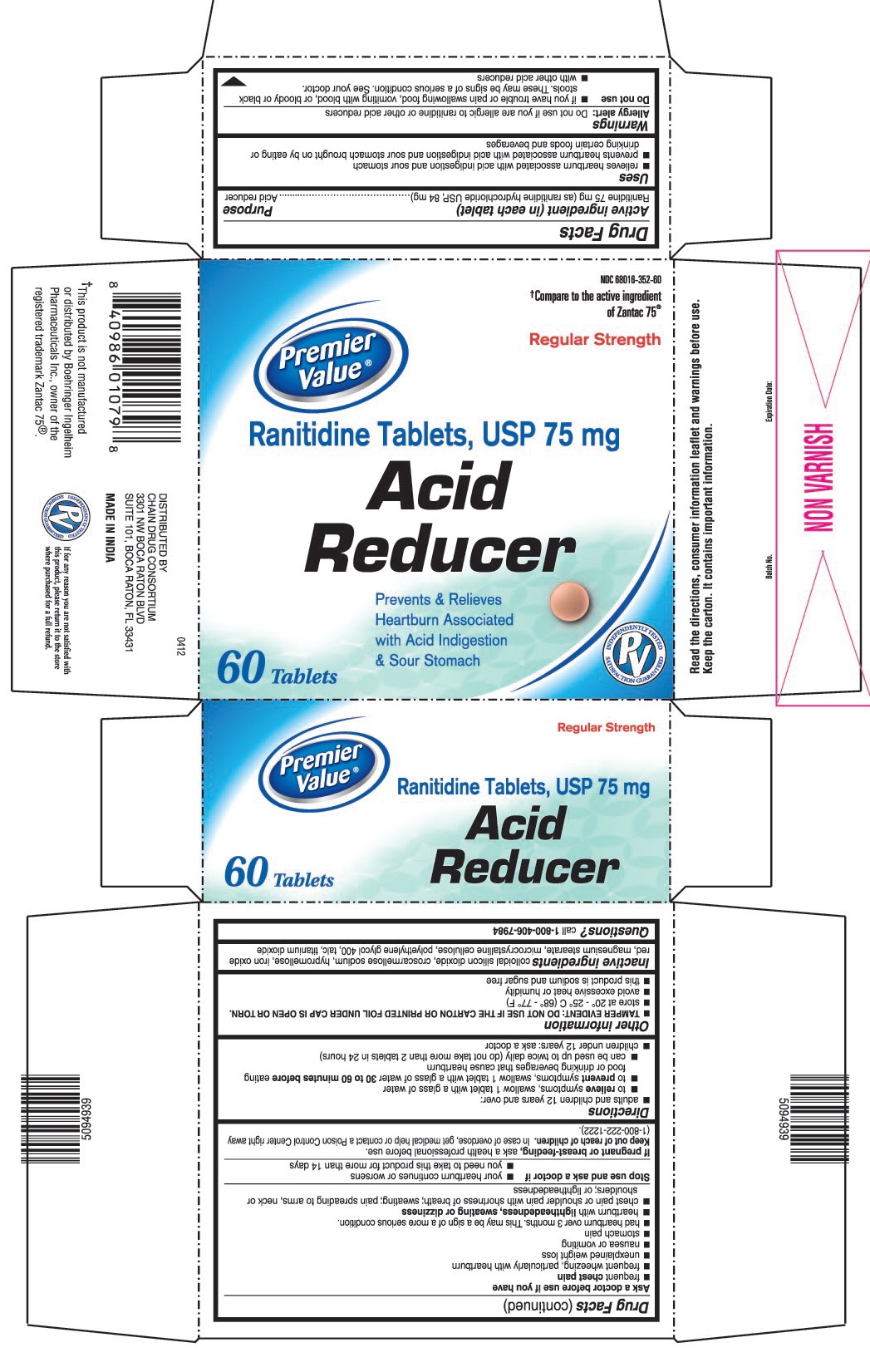 This is the 60 count bottle carton label for Premier Value Ranitidine tablets, USP 75 mg.