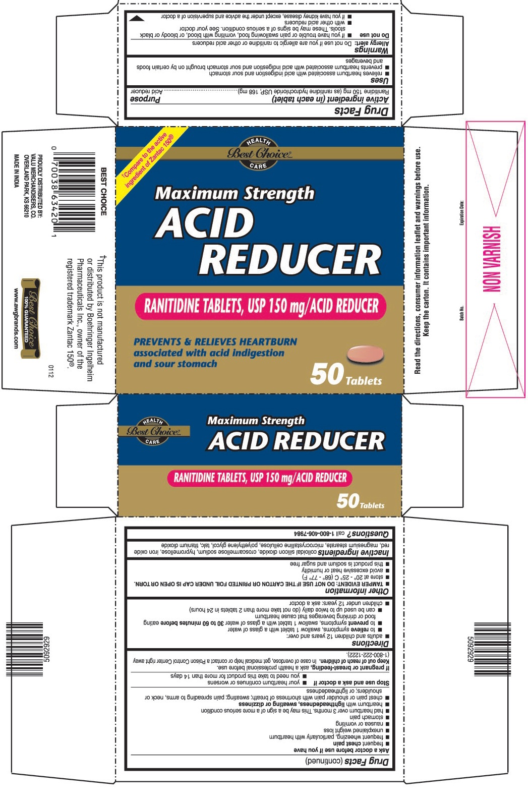 This is the 50 count bottle carton label for Best Choice Ranitidine tablets, USP 150 mg.