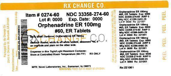 RxChange Co. (33358-274-60) Orphenadrine Citrate ER, 60 ER Tablets
