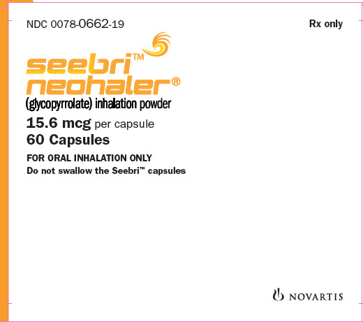 PRINCIPAL DISPLAY PANEL
NDC 0078-0662-19
Rx only
SEEBRI NEOHALER
(glycopyrrolate) inhalation powder
15.6 mcg per capsule
60 Capsules
FOR ORAL INHALATION ONLY
Do not swallow the Seebri capsules