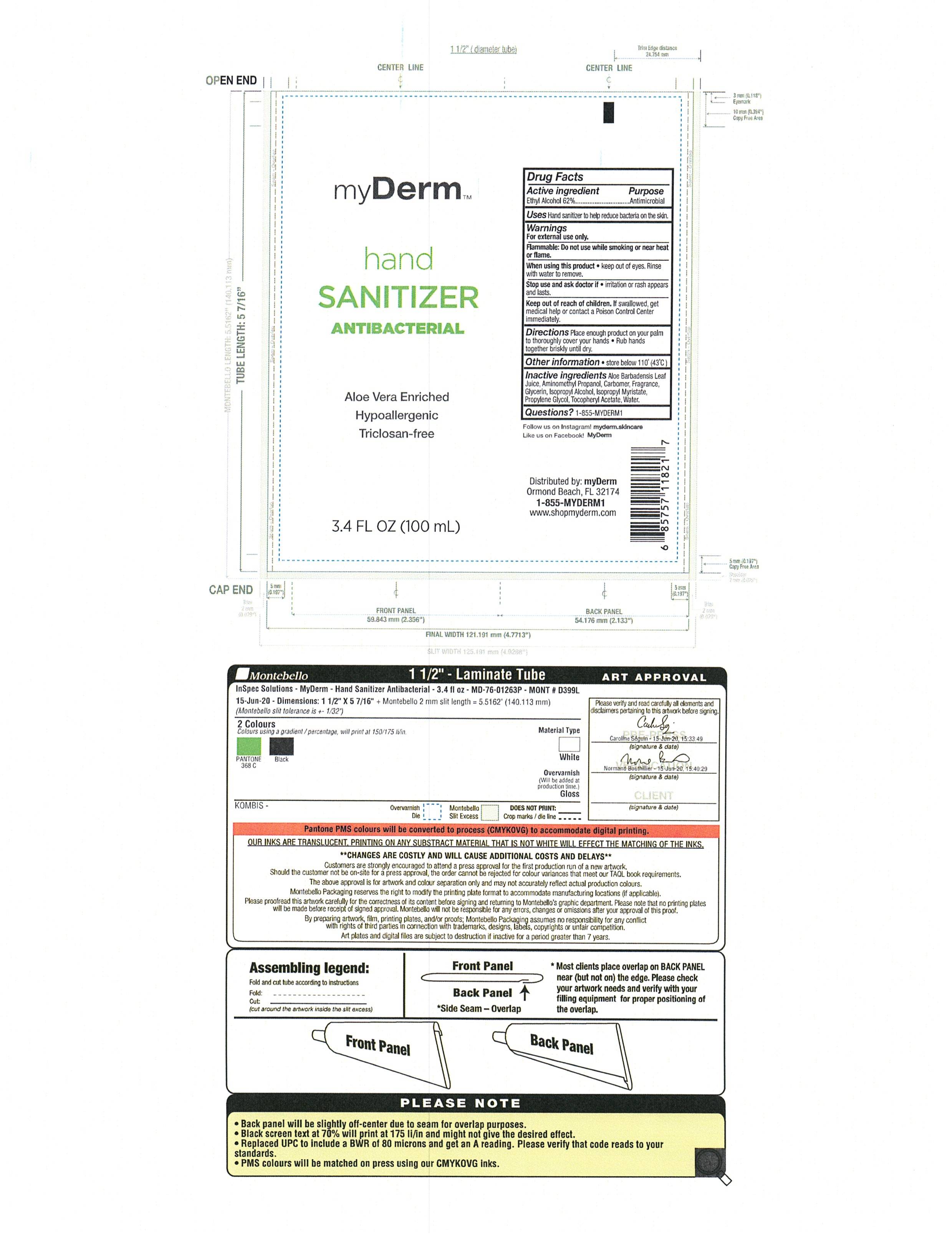 MyDerm Hand Sanitizer 3.4 oz Tube