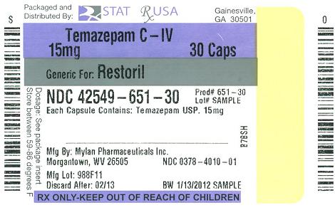 NDC: 42549-651-30
RX#: 0000
Temazepam 15mg #30 capsule(s)