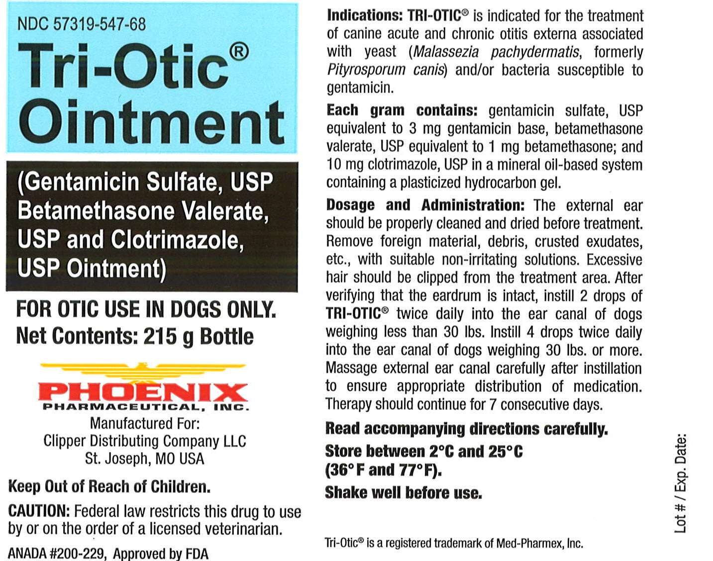 Tri-Otic Ointment 215g Bottle