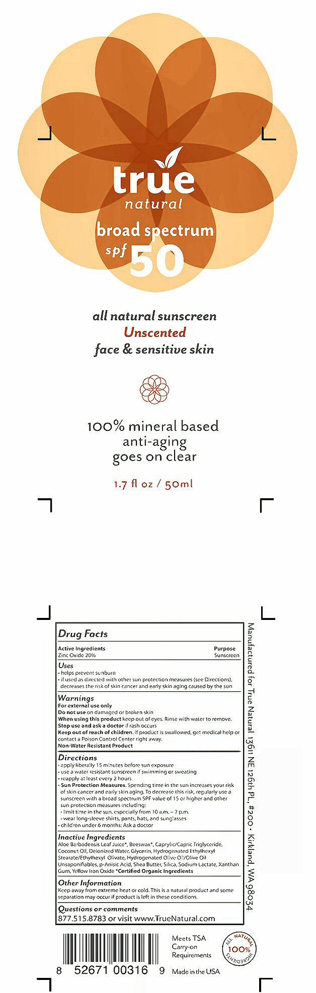 True Natural SPF 50 Face Unscented Label