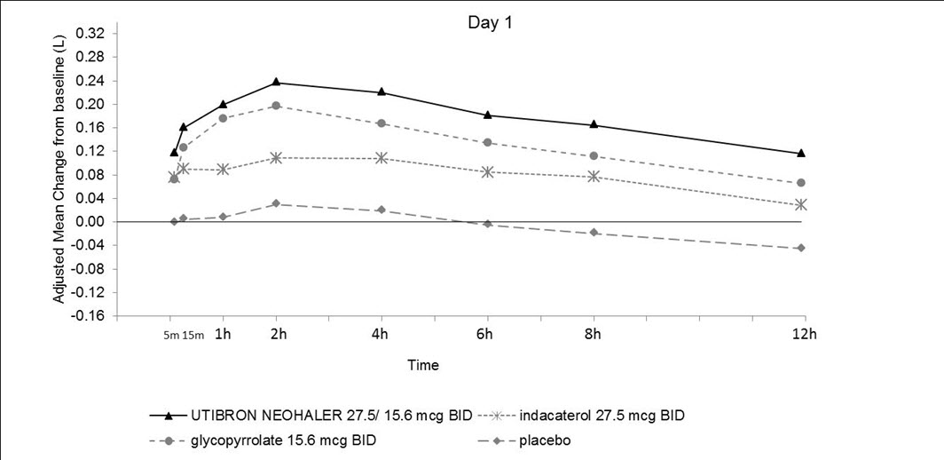 Figure 3. Adjusted Mean change from baseline in FEV1 (L) over 12 hours on Days 1 and 85 in Trial 1 (All Patient Population) 