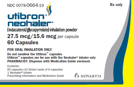 PRINCIPAL DISPLAY PANEL
NDC 0078-0664-19
Utibron Neohaler
(indacaterol and glycopyrrolate) inhalation powder
27.5 mcg / 15.6 mcg per capsule
Pharmacist:  Dispense with Medication Guide.
60 Capsules
Rx only
Novartis